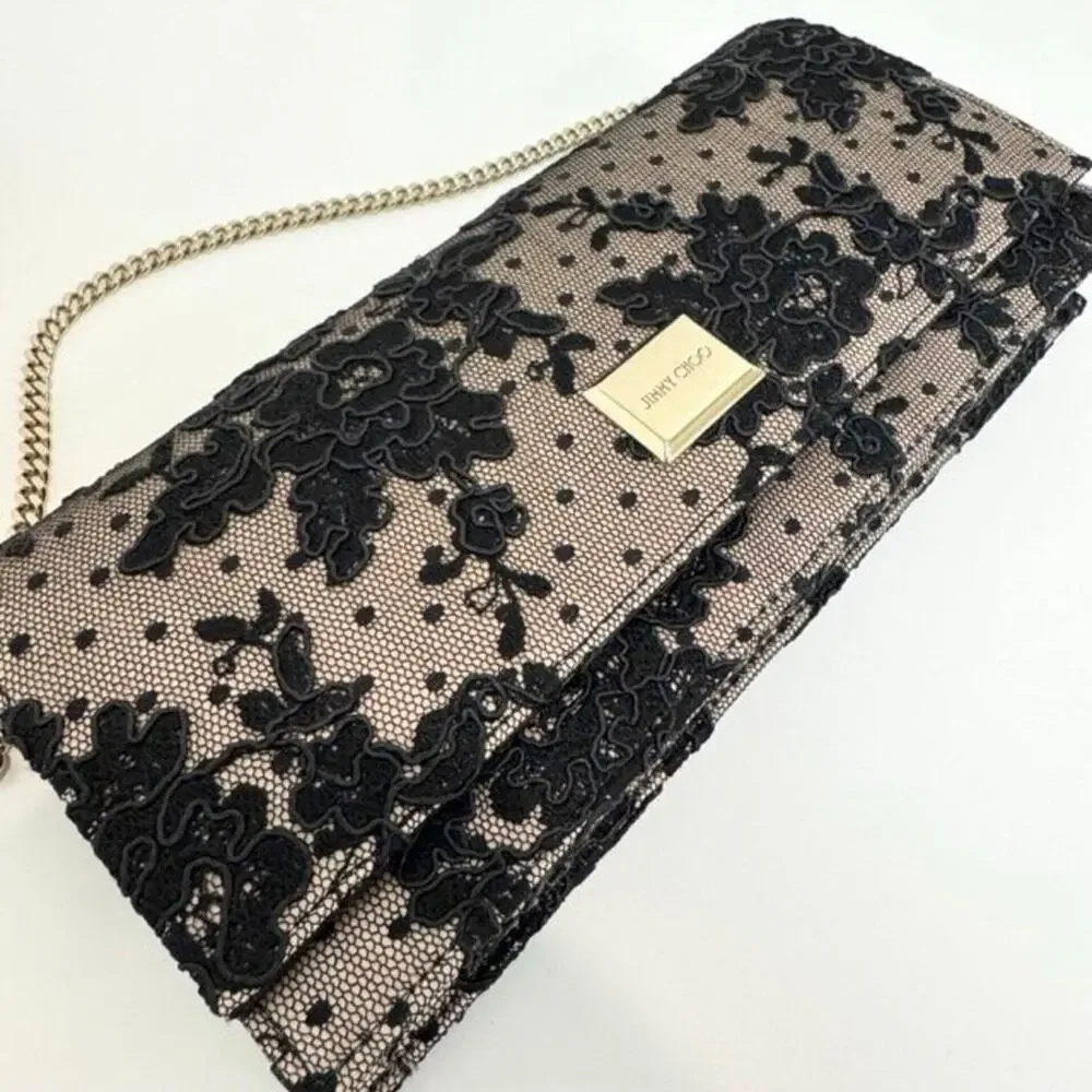 JIMMY CHOO Lilia Black Lace Gold Chain Shoulder Clutch Floral Flap Handbag